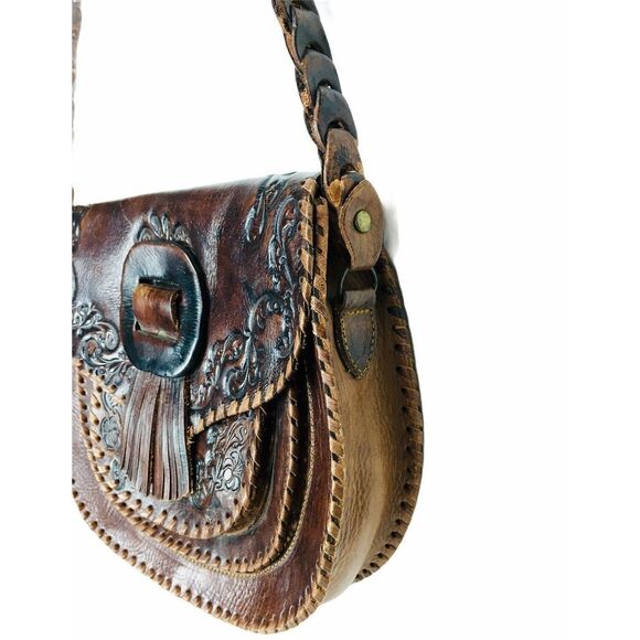 Vintage 70s Stitched Tooled Leather Braided Shoulder Strap Fringe Handbag Purse - Picture 1 of 12